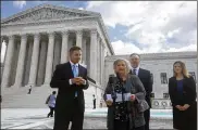  ?? JESSICA GRESKO / ASSOCIATED PRESS ?? Pennsylvan­ia resident Rose Mary Knick speaks Wednesday outside the Supreme Court in Washington alongside her attorneys J. David Breemer (left), Brian Hodges and Christina Martin.