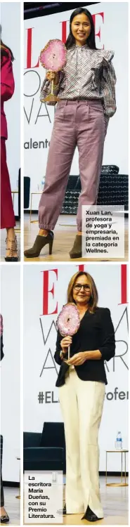  ??  ?? La escritora María Dueñas, con su Premio Literatura.
Xuan Lan, profesora de yoga y empresaria, premiada en la categoría Wellnes.