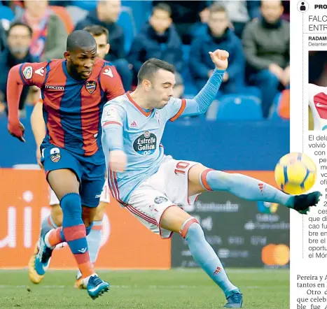  ?? FOTO ?? El colombiano Jefferson Lerma ejerce marca a presión al delantero Iago Aspas, en el juego entre Levante (casilla 16) y el Celta (puesto 10) en la liga española de fútbol.