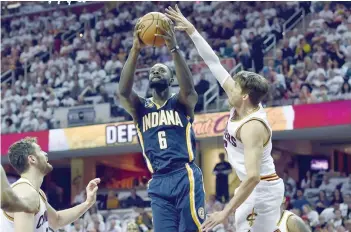  ?? — USA Today Sports ?? Indiana Pacers guard Lance Stephenson (6) drives to the basket against Cleveland Cavaliers guard Kyle Korver (26) in the second quarter in game one of the first round of the 2017 NBA Playoffs at Quicken Loans Arena.