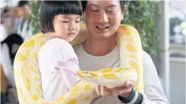  ?? PORNPROM SATRABHAYA ?? A father shows his daughter an albino python at the Snake Farm inside Queen Saovabha Memorial Institute in Bangkok.