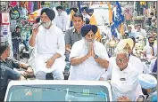  ?? ?? SAD president Sukhbir Singh Badal (left) and state BJP chief Ashwani Sharma campaignin­g in Jalandhar.