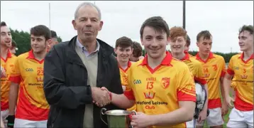  ??  ?? John Gannon accepts the trophy from Thos. Ryan, Wexford District Chairman.