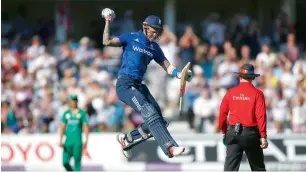  ?? Reuters ?? Alex Hales celebrates after scoring his century in the third ODI against England on Monday. —