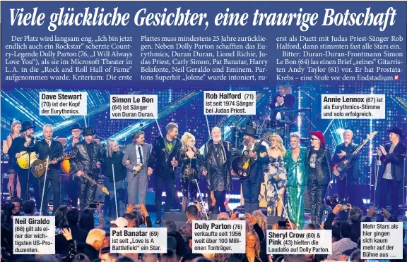  ?? ?? Rob Halford (71) ist seit 1974 Sänger bei Judas Priest.
Dolly Parton (76) verkaufte seit 1956 weit über 100 Millionen Tonträger.
Annie Lennox (67) ist als Eurythmics-stimme und solo erfolgreic­h.
Mehr Stars als Sheryl Crow (60) & hier gingen Pink (43) hielten die sich kaum Laudatio auf Dolly Parton. mehr auf der
Bühne aus …