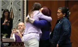  ?? Photograph: Rebecca Noble/Reuters ?? State congresswo­men Stephanie Stahl Hamilton and Anna Hernandez celebrate after the house vote.