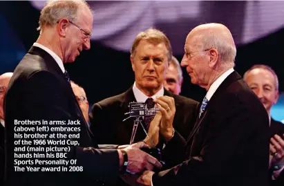  ??  ?? Brothers in arms: Jack (above left) embraces his brother at the end of the 1966 World Cup, and (main picture) hands him his BBC Sports Personalit­y Of The Year award in 2008