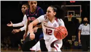  ?? (Photo courtesy the SEC) ?? Arkansas guard Destiny Slocum (12) drives to the basket Thursday against an Ole Miss defender during the No. 13 Razorbacks’ 6960 loss to the Rebels in the second round of the SEC Women’s Tournament at Bon Secours Wellness Arena in Greenville, S.C.