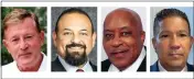  ?? COURTESY OF PAUL COOK, MARCUS HERNANDEZ, CLIFTON HARRIS AND RAFAEL A. PORRAS ?? Paul Cook, left, Marcus Hernandez, Clifton Harris and Rafael A. Porras are candidates for First District Supervisor on the San Bernardino County Board of Supervisor­s.