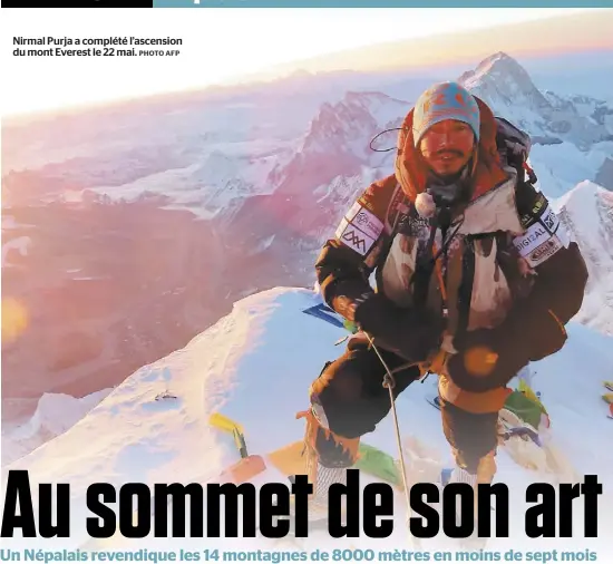  ?? PHOTO AFP ?? Nirmal Purja a complété l’ascension du mont Everest le 22 mai.