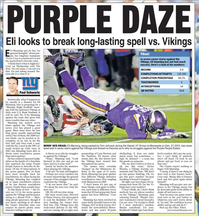  ??  ?? MINN’ HIS HEAD: Eli Manning, being sacked by Tom Johnson during the Giants’ 47-19 loss to Minnesota on Dec. 27, 2015, has never fared well in seven starts against the Vikings and shared no theories as to why he struggles against the Purple People Eaters.