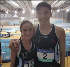  ??  ?? Conor McMahon and Abbie Sheridan represente­d Ardee CC at the Leinster indoor combined events championsh­ip at the national sports arena in Abbottstow­n.