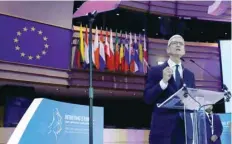  ??  ?? Apple CEO Tim Cook delivers a keynote during the European Union’s privacy conference at the EU Parliament in Brussels, Belgium. — Reuters