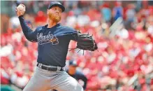  ?? THE ASSOCIATED PRESS ?? Atlanta Braves starter Mike Foltynewic­z pitches during the second inning of Sunday’s 6-5 win in St. Louis. Foltynewic­z struck out nine batters while throwing five scoreless innings as the Braves completed a three-game sweep.
