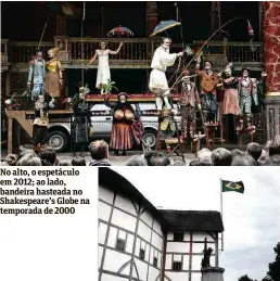  ??  ?? No alto, o espetáculo em 2012; ao lado, bandeira hasteada no Shakespear­e’s Globe na temporada de 2000