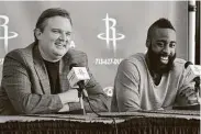  ?? Melissa Phillip / Staff photograph­er ?? Morey brought James Harden to the team on Oct. 27, 2012. Harden soon signed a contract extension.