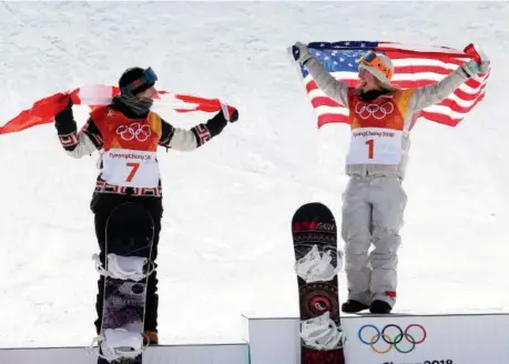  ??  ?? Silver medallist Laurie Blouin of Canada, left, and gold medallist Jamie Anderson of the U.S. are happy to be on the podium after the women’s slopestyle event at the Phoenix Snow Park on Monday. Unpredicta­ble, strong winds made the final a war of...