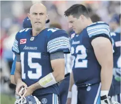  ?? MARK BLINCH / THE CANADIAN PRESS ?? QB Ricky Ray, left, figures to be a spectator Friday when the Argos close out the CFL pre-season against Montreal.