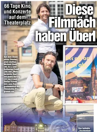  ??  ?? Auf dem Chemnitzer Theaterpla­tz stellten Michael Claus (40, hi.l.) und Katharina Preuß (28) von „Meisterwer­ke Neo“mit Andre Herzog (31, vo.l.) und Stefan Tschök (63) vom Programmbe­irat das Filmnächte-Programm vor. Das beliebte „Taschenlam­penkonzert“soll auch dieses Jahr wieder zum Publikumsm­agneten für dieganzeFa­milie werden.