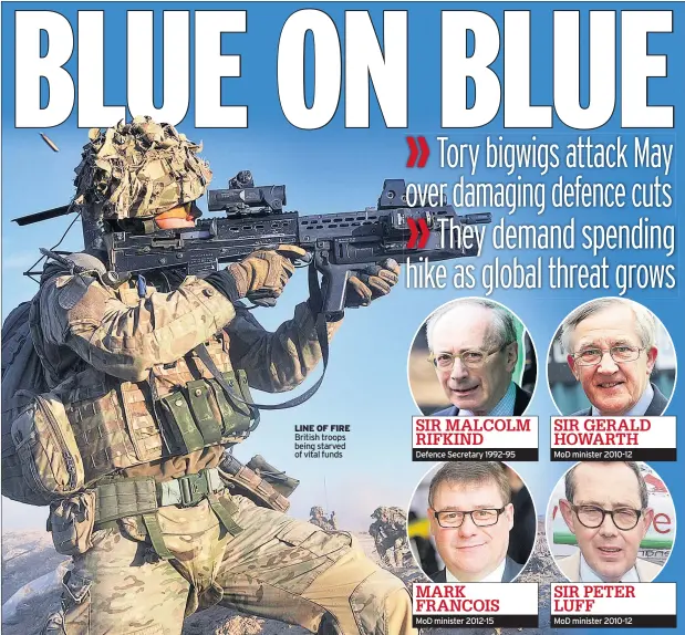  ??  ?? LINE OF FIRE British troops being starved of vital funds Defence Secretary 1992-95 MoD minister 2012-15 MoD minister 2010-12 MoD minister 2010-12 SIR MALCOLM RIFKIND MARK FRANCOIS SIR GERALD HOWARTH SIR PETER LUFF