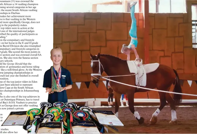  ??  ?? Lila Theunissen (11) shows her style which has won her the SA u.14 vaulting title at the South African vaulting championsh­ips in Durban. INSERT: Lila was crowned the new South African u.14 vaulting champion after winning several categories in her age...