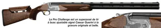  ??  ?? Le Pro Challenge est un superposé de tir à busc ajustable signé Caesar Guerini à la gravure originale et belle.