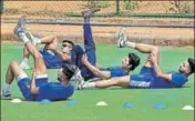  ?? PTI ?? Rajasthan Royals players at a practice session at Sawai Mansingh Stadium in Jaipur on Saturday.