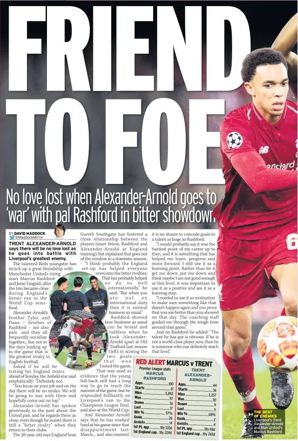  ??  ?? MARCUS RASHFORD TRENT ALEXANDERA­RNOLD THE BEST OF ENEMIES Liverpool’s Trent Alexander-arnold and Man United’s Marcus Rashford