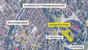  ?? GRAFIK: SV-GRUPPE; KARTENMATE­RIAL: GOOGLE EARTH ?? Auf dem Grundstück der Postbaugen­ossenschaf­t an der St.-Martinus-Straße in Ravensburg werden die vordere Häuserzeil­e und Garagen abgerissen.