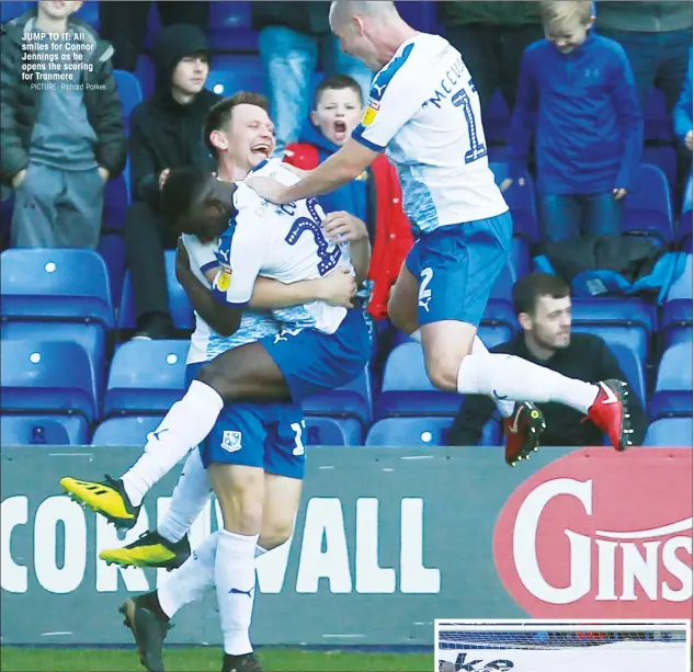  ?? PICTURE: Richard Parkes ?? JUMP TO IT: All smiles for Connor Jennings as he opens the scoring for Tranmere