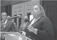  ?? COMMERCIAL APPEAL BRANDON DAHLBERG/FOR THE ?? Shelby County Commission­er Tami Sawyer addresses attendees during a press conference on Sept. 24 in Memphis.