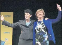  ?? JIM GENSHEIMER — STAFF ARCHIVES ?? San Jose State University President Mary Papazian, at left, introduces Marie Tuite as the new athletic director at San Jose State University in May 2017, in San Jose. Tuite had been serving as interim director since February 2017.