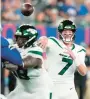  ?? FRANK FRANKLIN II/AP ?? Jets quarterbac­k Tim Boyle (7) passes the ball during the second half of Saturday’s preseason matchup against the Giants in East Rutherford, N.J.