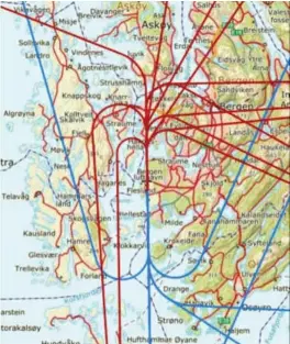  ?? ILLUSTRASJ­ON: AVINOR ?? FLYTRASEER:
De vanligst forekommen­de traseer for flyene som lander fra (blå) og letter (rød) mot nord.