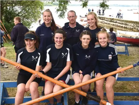  ?? Photo by Michelle Cooper Galvin ?? The Flesk Valley Rowing Club Junior Ladies Sixes Tara O’Donoghue, Caoimhe O’Sullivan, Leah Burke, Roisin Wall, Neidin O’Sullivan, Edel Sweetman with Cox Rory Leane celebrate their first win the this race at the 233rd Annual Killarney Regatta at...