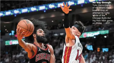  ?? ?? No way through: Tyler Herro (right) of the Miami Heat tries to stop an attempt by Coby White of the Chicago Bulls during their nba game on Friday. — afp