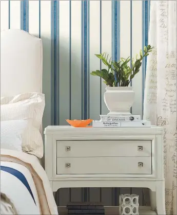  ??  ?? The thin stripes, using using Resene Wallpaper Collection GC8752, make this room feel