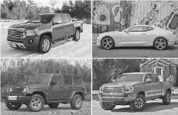  ?? Lesley Wimbush, Clayton Seams, Derek McNaughton / Driving / Chrysler ?? Clockwise from top left, GMC Canyon, Chevrolet Camaro, Toyota Tacoma and Jeep Wrangler all have top resale value.