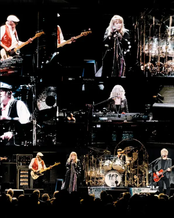  ??  ?? Survivors from a golden age: Fleetwood Mac (from left) Christine McVie on keyboards and flat-capped John McVie on bass, Stevie Nicks, Mick Fleetwood, Neil Finn; (inset left) Fleetwood; (top row) McVie, McVie and Nicks; (centre, from left) Mick and Christine.