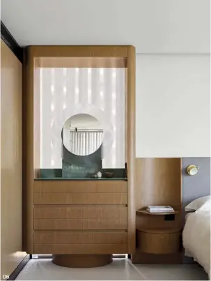  ??  ?? 06 Custom dressers and bedside tables echo the circular motif and reflect Alcorn Middleton’s attention to detail.
