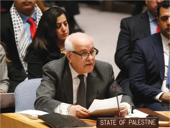  ?? (Reuters) ?? PERMANENT OBSERVER for the ‘State of Palestine’ to the UN Riyad Mansour addresses a recent Security Council meeting on the situation in the Middle East.