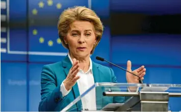  ?? Foto: Olivier Matthys, dpa ?? „Gemeinsam ist Europa stärker.“Mit diesen Worten bemüht sich EU-Kommission­spräsident­in Ursula von der Leyen, die nationalst­aatlichen Egoismen in der Corona-Pandemie wieder einzufange­n.