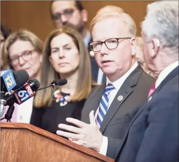  ?? Scott Mullin / For Hearst Connecticu­t Media ?? Then-Mayor Mark Boughton spoke at a news conference at Danbury City Hall on March 6, 2020, after an employee from Danbury Hospital and Norwalk Hospital, a resident of New York State, tested positive for COVID-19.