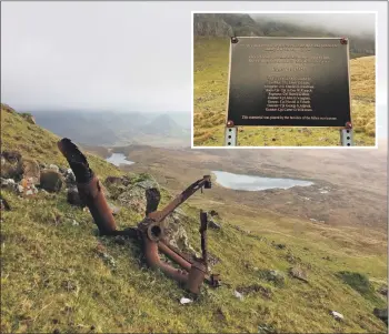  ?? Photograph: Calum Maclean ?? Pieces of the crashed bomber can still be seen on the mountainsi­de and, inset, the plaque commemorat­ing the tragedy.