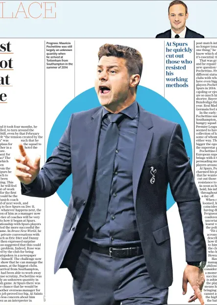  ??  ?? Progress: Mauricio Pochettino was still largely an unknown quantity when he arrived at Tottenham from Southampto­n in the summer of 2014