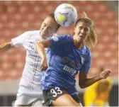  ?? RICK BOWMER/AP ?? The Red Stars’ Katie Johnson (right) and Sky Blue FC’s Gina Lewandowsk­i will meet again soon.