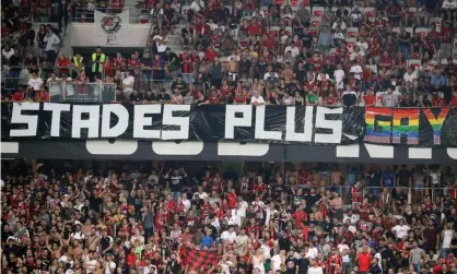  ??  ?? Nice’s supporters brandish a homophobic banner during their Ligue 1 match against Marseille last month. Photograph: Valéry Hache/ AFP/Getty Images