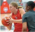  ?? ADOLPHE PIERRE-LOUIS/JOURNAL ?? New Mexico freshman Mackenzie Curtis, left, works out with assistant coach Symone Denham on Thursday. Curtis had a record-breaking prep career in California.