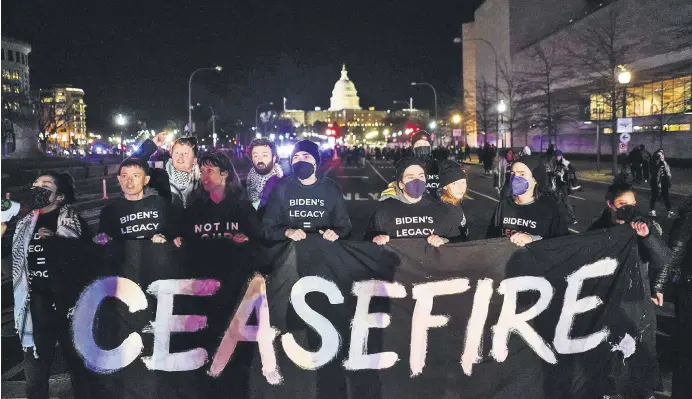  ?? ?? Demonstrat­ors with Jewish Voice for Peace attempt to block U.S. President Joe Biden’s motorcade route during a pro-Palestinia­n protest near the U.S. Capitol, Washington, U.S., March 7, 2024.