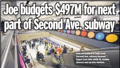  ?? ?? Feds are poised to help send Second Ave. subway beyond Upper East Side (86th St. station shown) and up into Harlem.